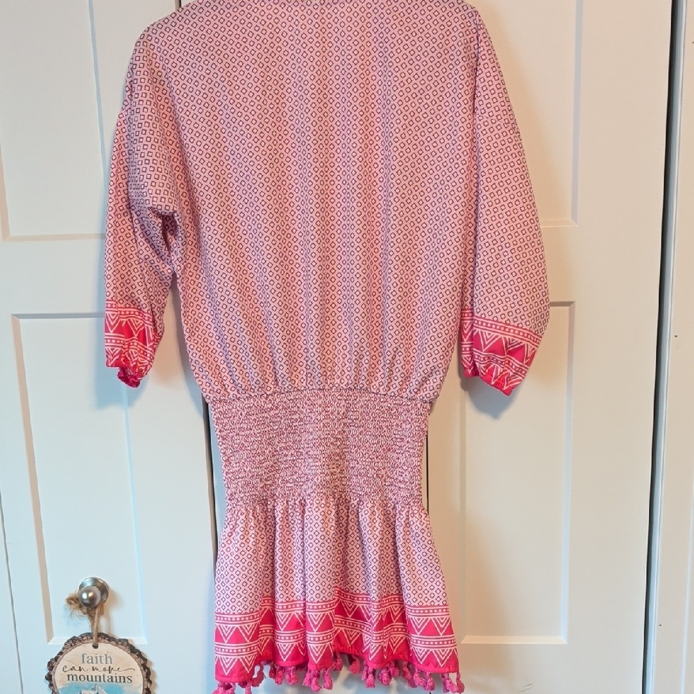 Pink Patterned Cover Up with Tassels - Picture 4 of 6